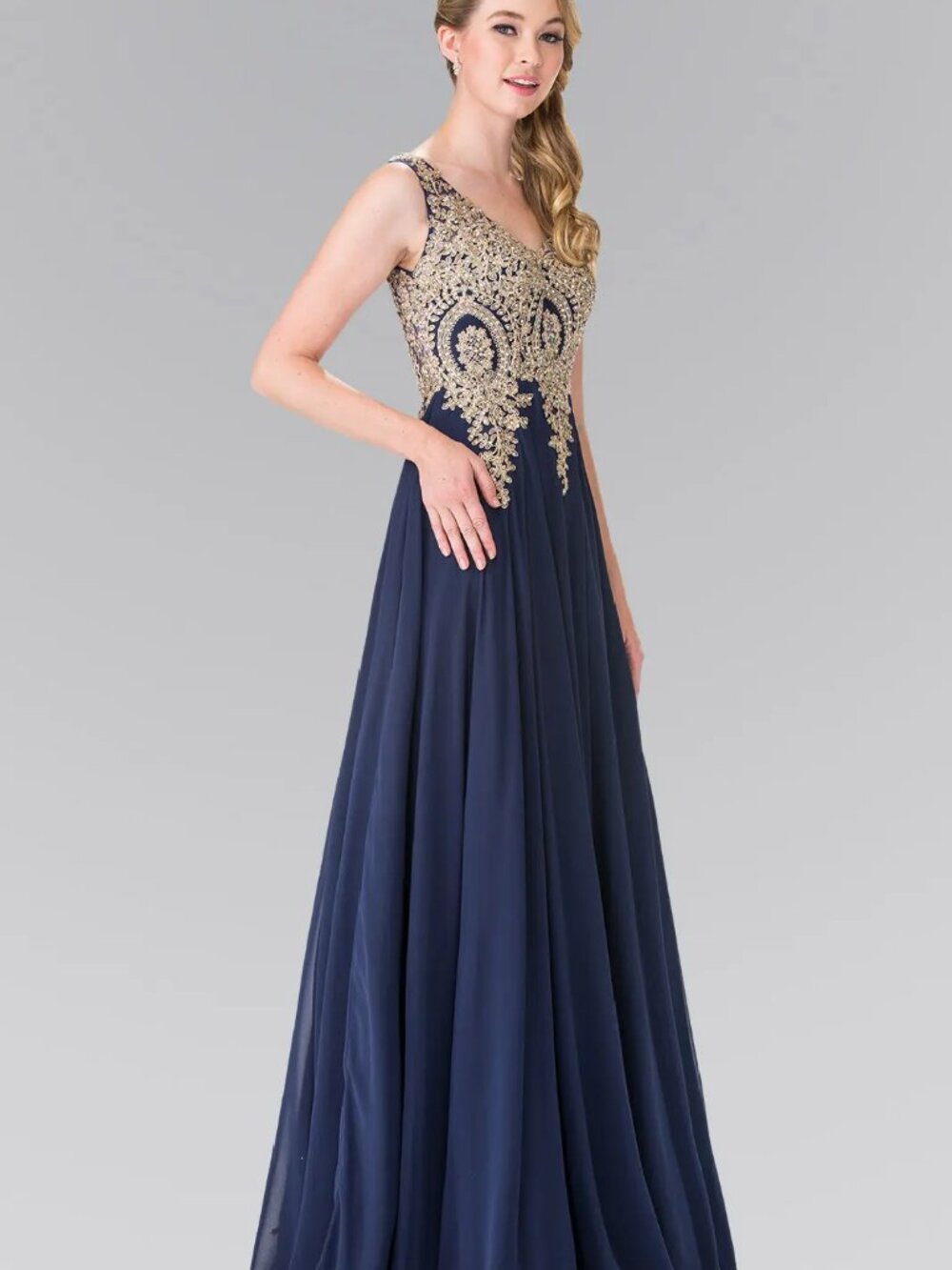 NEW NAVY Chiffon & Embroidered V-Neck Evening Gown Floor Length GL2311